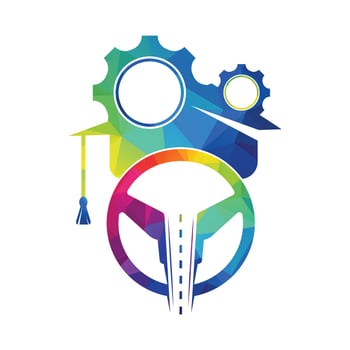Graduation cap With steering wheel and Gear icon. Technical education logo. vector