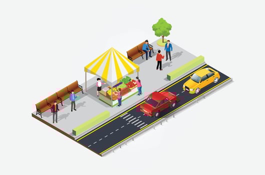 Isometric Street food cafe tent with busy shoppers on the sidewalk. Suitable for Diagrams, Infographics, And Other Graphic asset vector