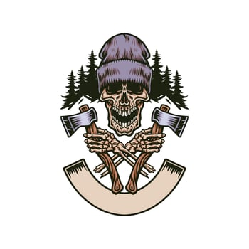 Lumberjack screamed skull with two axes, hand drawn line with digital color, vector illustration
