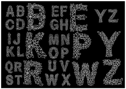 Floral alphabet with airy contoured capital letters vector