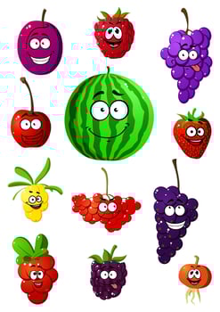 Colorful fruits and berries characters vector