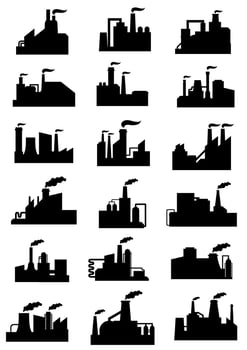 Industrial factories and plants black icons vector