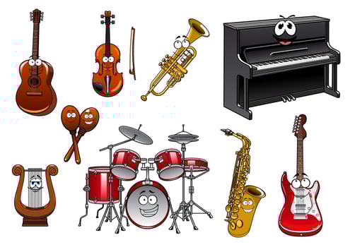 Funny musical instruments cartoon characters vector