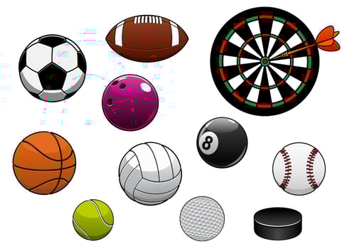 Dartboard, hockey puck and sports balls vector