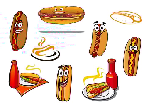 Hotdog cartoon characters and symbols vector