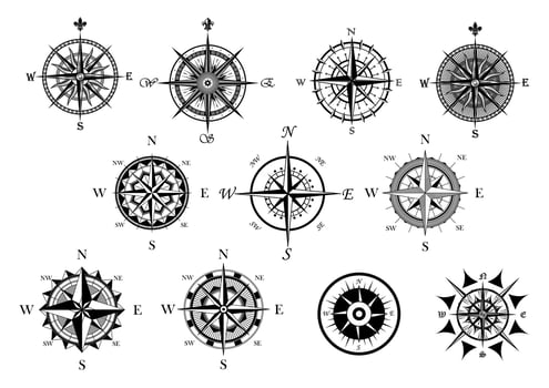 Nautical wind rose and compass icons set vector