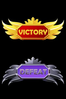 Victory and defeat pop up golden assets award with crown for game. Vector illustration set logo metal banner with wings.