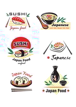 Japanese sushi seafood emblem or logo designs set vector