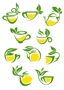 Green or herbal tea with lemon icon set vector