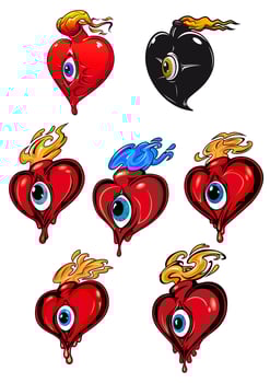 Cartoon hearts with eye and fire flames vector