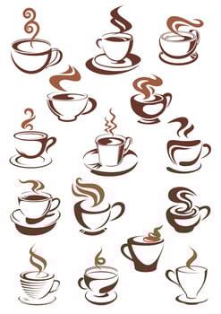 Brown cups of coffee, cappuccino, espresso, latte or chocolate vector