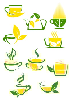 Green tea icons with outlined cups and teapot vector