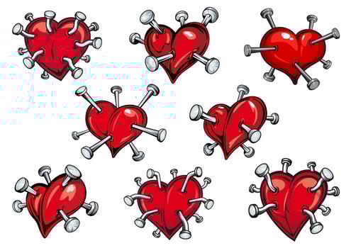 Red hearts pierced by nails vector