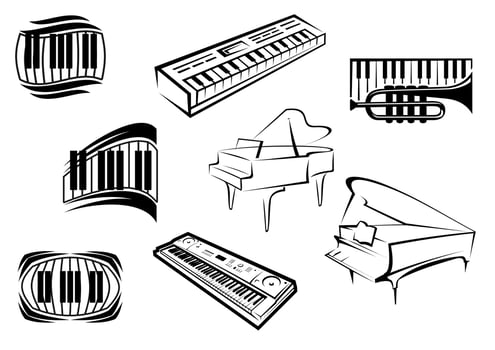 Outline sketch piano music icons vector