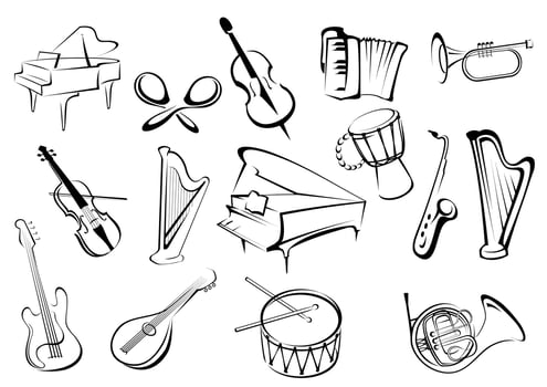Musical instruments icons in sketch style vector