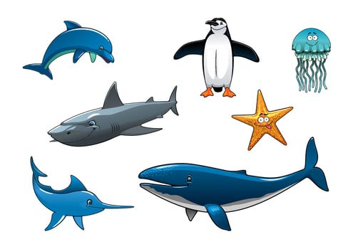 Marine wildlife colored animal characters vector