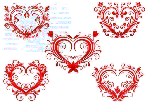 Elegant floral red valentine hearts set vector