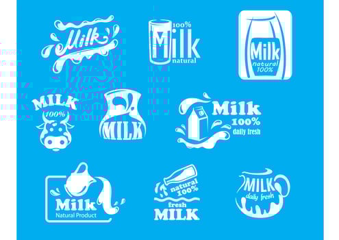 Blue and white milk symbols, icons or logos vector