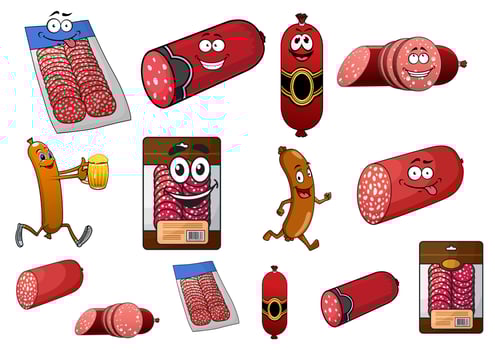 Cartoon wurst, sausage and salami characters vector