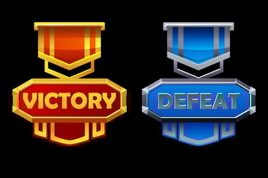 Victory and defeat badge assets award for game. Vector illustration set metal and gold medal with ribbon.