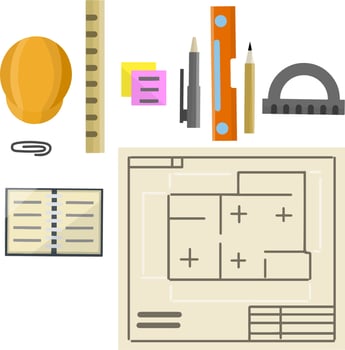 Engineer kit. Drawing plan of building. Design and project documents. Set of drawing items. Construction worker helmet. Flat House blueprint. Technical scheme vector