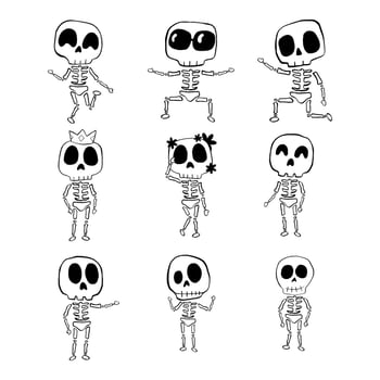 Vector illustration set of Halloween Skeleton cartoon line on white background.