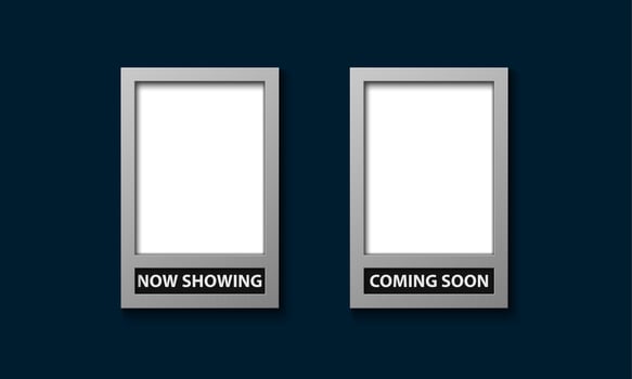 Movie poster frame template with now showing and coming soon, vector illustration