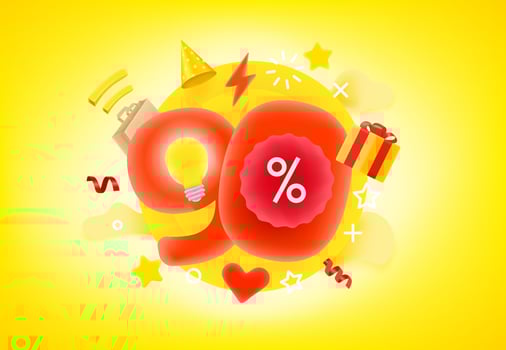 Ninety percent shopping discount concept. 3d style cute vector illustration