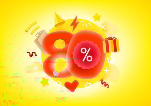 Eighty percent shopping discount concept. 3d style cute vector illustration