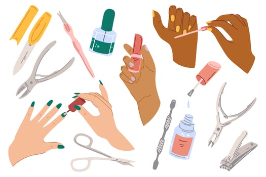 Female manicured hands and equipments for nail studio or spa salon. Lady painting, polishing nails. Vector Illustration of elegant female hands in a trendy minimalist style. Beauty routine