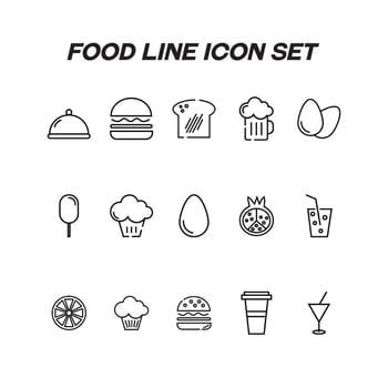 Food and drinks concept. Modern outline symbol and editable stroke. Line icon pack including signs of bowl with cloche, hamburger, bread, egg, bear, pomegranate, cupcake, coctail vector