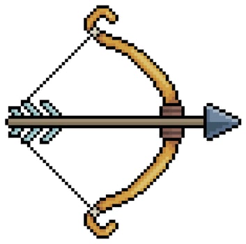 Pixel art archer bow and arrow vector icon for 8bit game on white background