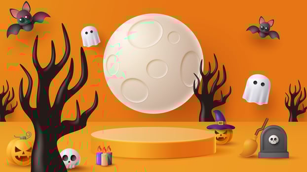 Halloween display podium decoration background with scary ornament. Vector 3D Illustration