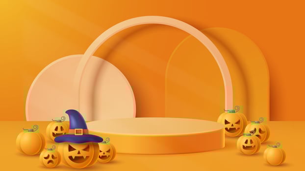 Halloween display podium decoration background with scary ornament. Vector 3D Illustration