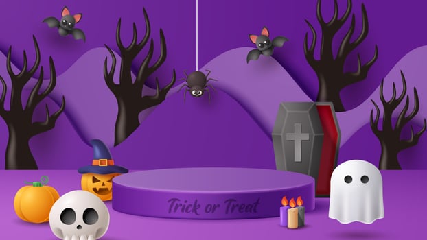 Halloween display podium decoration background with scary ornament. Vector 3D Illustration