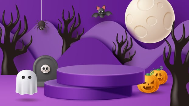 Halloween display podium decoration background with scary ornament. Vector 3D Illustration