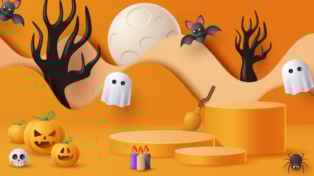 Halloween display podium decoration background with scary ornament. Vector 3D Illustration