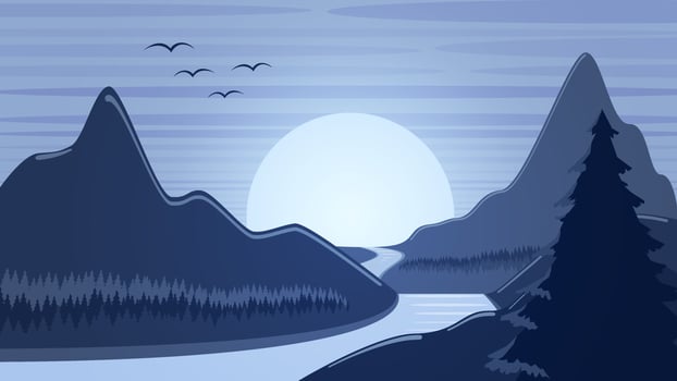 Vector landscape. Blue sunset over a mountain river. Stock background.