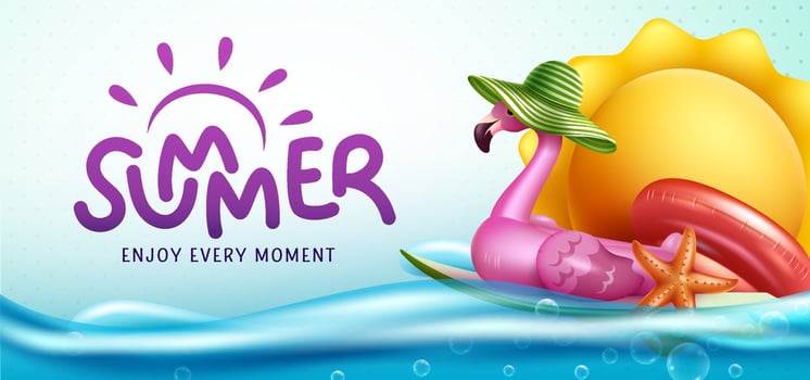 Summer season vector design. Summer typography text in blue sea background with flamingo and sun floater elements for fun and enjoy water swimming tropical outdoor. Vector illustration.