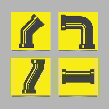 Steel pipe connectors and valves for piping and piping work, vector line icon set drawn on colored paper