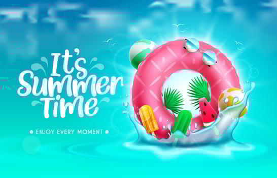 Summer time vector background design. It's summer time text in blue sky and sea water with floater element floating in splash for refreshing tropical season. Vector illustration.