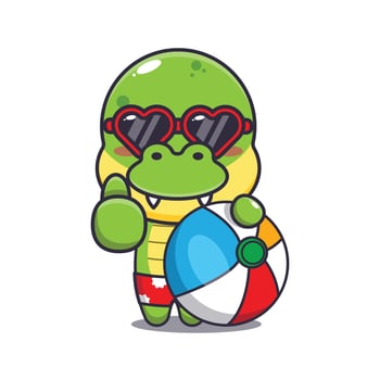 Cute dino in sunglasses with beach ball cartoon illustration vector