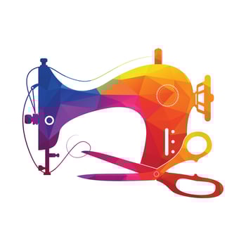 Sewing machine and scissors silhouette for sewing. Vintage stitching machine icon for web design isolated on white background. vector