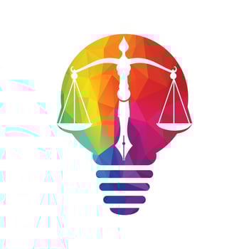 Law Bulb Lamp logo vector with judicial balance symbolic of justice scale in a pen nib. Light Of Law Balance with Pen Nib vector template design.