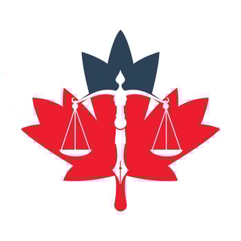 Maple Leaf Law logo vector with judicial balance symbolic of justice scale in a pen nib. Canadian Leaf Balance with Pen Nib vector template design.