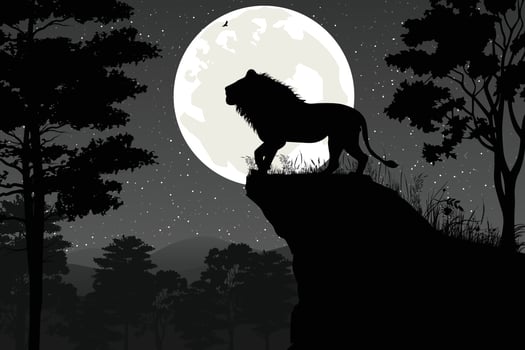 cute lion and moon silhouette landscape vector