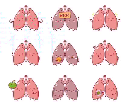 Cute funny human lungs organs cartoon character set collection. Vector line cartoon kawaii character illustration icon
