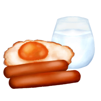 fried egg and sausage with milk watercolor clipart png