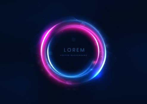 Abstract technology futuristic neon circle glowing blue and pink  light lines with speed motion blur effect on dark blue background. vector