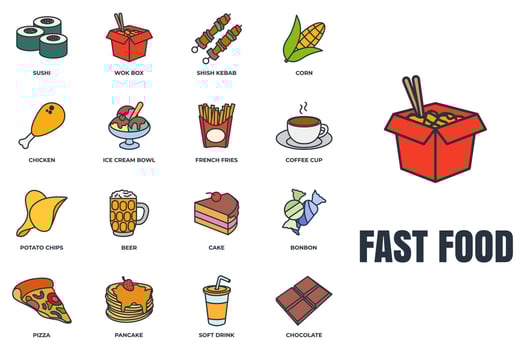 Set of fast food icon logo vector illustration. chocolate bar, soft drink, coffee cup, wok box, sushi, pancake, bonbon and more pack symbol template for graphic and web design collection